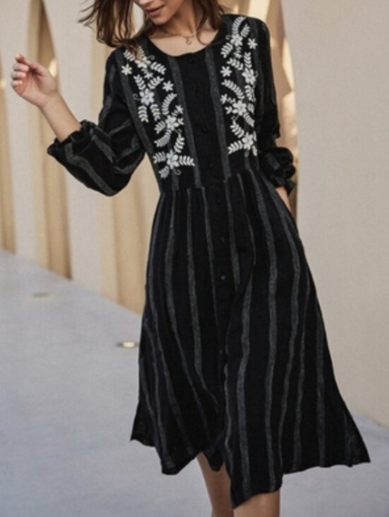 Frieeah Dresses & Skirts - NWT - Flax-Linen Frieeah Boutique Embroidered Black Midi Shirtdress - Size XL